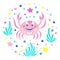 Cheerful crab, seaweed and stars. Marine characters. Children`s illustration. Vector