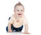 Cheerful crawling baby boy on white background