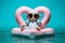 Cheerful creature wearing stylish sunglasses lounges on a heart-shaped pink float in the water