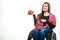 Cheerful crippled lady on wheelchair.