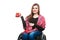 Cheerful crippled lady on wheelchair.