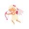 Cheerful cupid in flying action. Angel of love with bow and arrows. Baby girl with little wings. Flat vector design