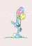 Cheerful cute rabbit balloons illustration postcard