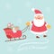 Cheerful and cute Santa Claus is dragging presents in a sleigh. Cartoon character. Christmas card