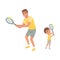 Cheerful dad and his son playing in tennis. Father and child dressed in shorts and t-shirts. Active sport. Fatherhood