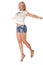 Cheerful dancing girl jumping short on white background flying hair