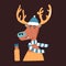 Cheerful deer in a cap, sweater and scarf