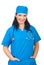 Cheerful doctor woman in blue uniform