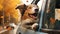 A cheerful dog leans out of a car window, capturing the excitement and joy of a fun and adventurous road trip with its furry