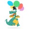 Cheerful dragon holds in hands balloons