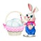 Cheerful Easter bunny with a brush in his paws and a basket of chicken eggs isolated on white background. Vector cartoon