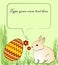 Cheerful Easter decoration with cute beige bunny in grass, chevron decorated egg and red flowers