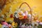 Cheerful Easter eggs and spring flowers arranged on rustic wooden backdrop