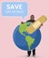 Cheerful ecologist with save the world concept symbols