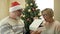 Cheerful elderly married couple celebrating Christmas. Husband wearing a Santa hat gives his wife a gift.