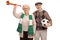 Cheerful elderly soccer fans with a trumpet and a football