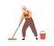 Cheerful elderly woman with mop and bucket, in office cleaning service, janitor uniform washing floor. Professional