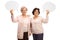 Cheerful elderly women with speech bubbles