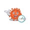 Cheerful electron microscope coronavirus cartoon character style with clock