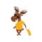 Cheerful elk with suitcase going on vacation. Humanized moose in sunglasses and yellow shirt. Flat vector design