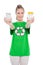 Cheerful environmental activist wearing recycling tshirt holding jars