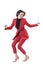 Cheerful excited attractive business woman in red suit dancing or jumping while celebrating.