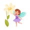 Cheerful Fairy with Wings Touching Flower Vector Illustration
