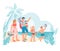 Cheerful family with children on tropical beach, flat vector illustration isolated.