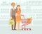 Cheerful Family Couple Shopping in Supermarket with Cart, Young Man and Woman in Grocery Store Vector Illustration