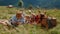 Cheerful family lying grass enjoying picnic on meadow. Summer holiday together.