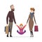 Cheerful family with purchases or on shopping. Merry mom and dad with a child for a walk. Happy parents spend time with their son