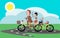 Cheerful family rides on the road on a bicycle