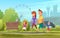 Cheerful family walking in park. illustration of happy parents with children walking together in green park.