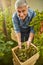 Cheerful farmer holding handfuls of white grapes