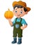Cheerful farmer man holding a pumpkin