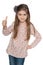 Cheerful fashion young girl holds her thumbs up