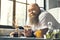 Cheerful fat man eating cornflakes in kitchen