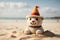 Cheerful Felt Sandcastle Mascot on Beach