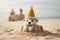 Cheerful Felt Sandcastle Mascot on Beach