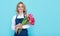 cheerful flower seller woman in apron with spring tulip flowers on blue background