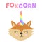 Cheerful fox unicorn fox with rainbow waving paw, child design.