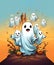 Cheerful friendly ghosts fly around the ancient castle