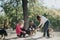 Cheerful friends and playful dogs embrace natures joy in a city park