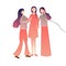 Cheerful friends woman girls standing on call together, enjoying playing old wired phone commubnication symbol. vector