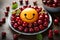 Cheerful fruit art smiley face with cherries and orange on white plate