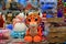 Cheerful funny tiger, Symbol of New Year 2022 on background of Christmas tree decorations in the store. Festive Christmas winter