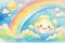 A cheerful generative ai illustration of a smiling sun surrounded by fluffy clouds and a colorful rainbow