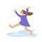 A cheerful girl in a blue dress runs, jumps, raising his hands up in the rain.