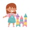 Cheerful Girl Building Castle with Tower from Blocks Vector Illustration