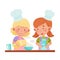 Cheerful Girl Chef Characters Wearing Apron and Hat Making Pastry Vector Illustration